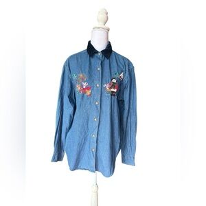 Womens Vintage 90s Casey & Max Denim Christmas Embroidered Button Shirt Blue S